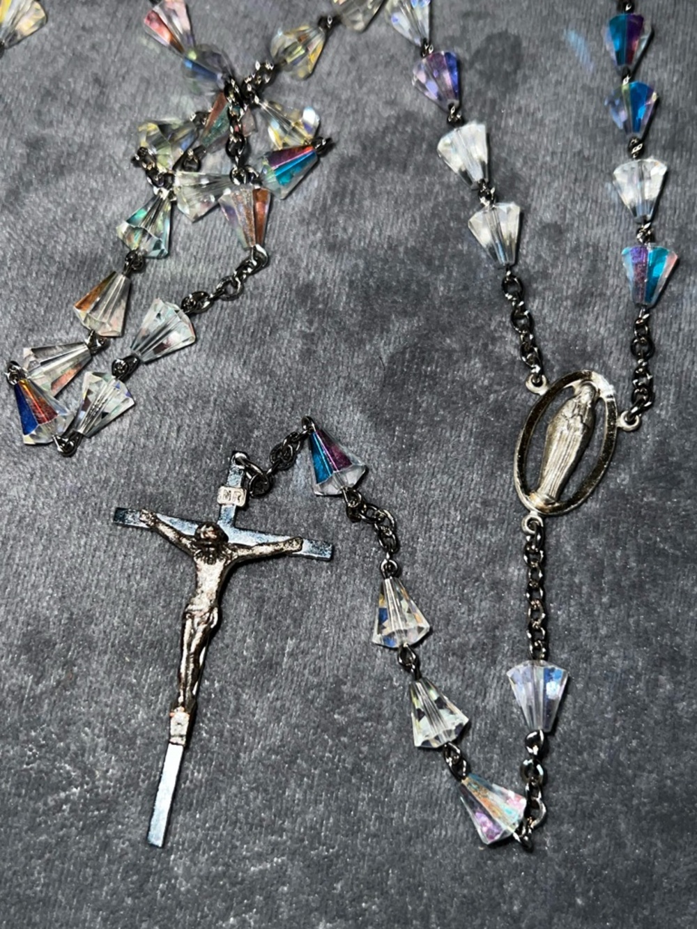 Vintage AB Iridescent Cut Crystal Bicone Silver Rosary Rosaries Necklace 30” - Picture 8 of 13
